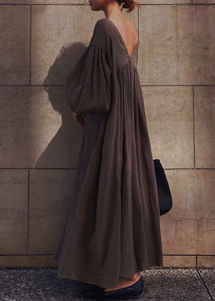 Maxi DIY Lantern Oversized Cotton Dresses Strap Cross Brown