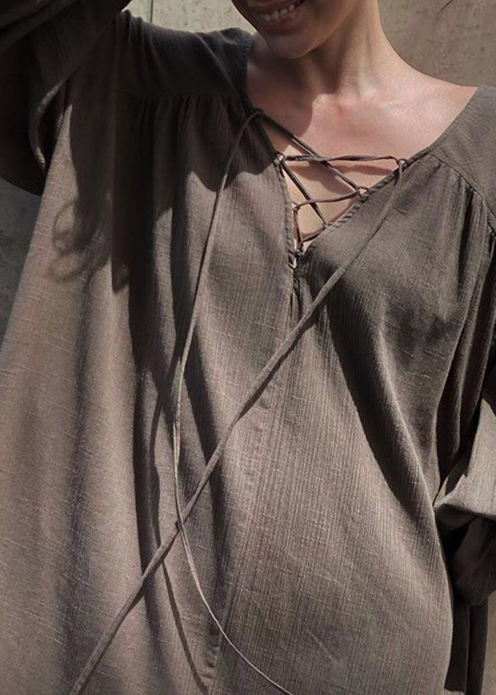 Maxi DIY Lantern Oversized Cotton Dresses Strap Cross Brown