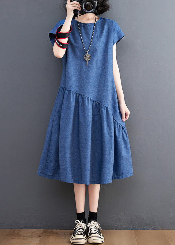 Navy Summer Denim Holiday Asymmetrical DIY Patchwork Dress