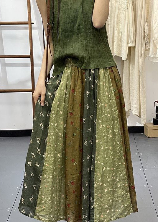 DIY Green Print Wrinkled Elastic Waist Linen Skirt Spring WW1011