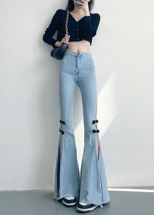 DIY Light Blue Chinese Button Side Open Denim Flare Bottoms Spring YF019