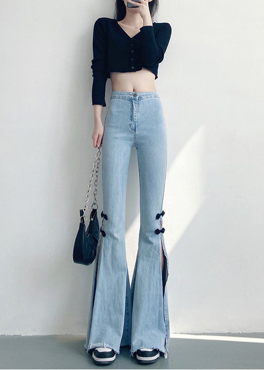 DIY Light Blue Chinese Button Side Open Denim Flare Bottoms Spring YF019