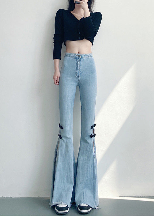 DIY Light Blue Chinese Button Side Open Denim Flare Bottoms Spring YF019
