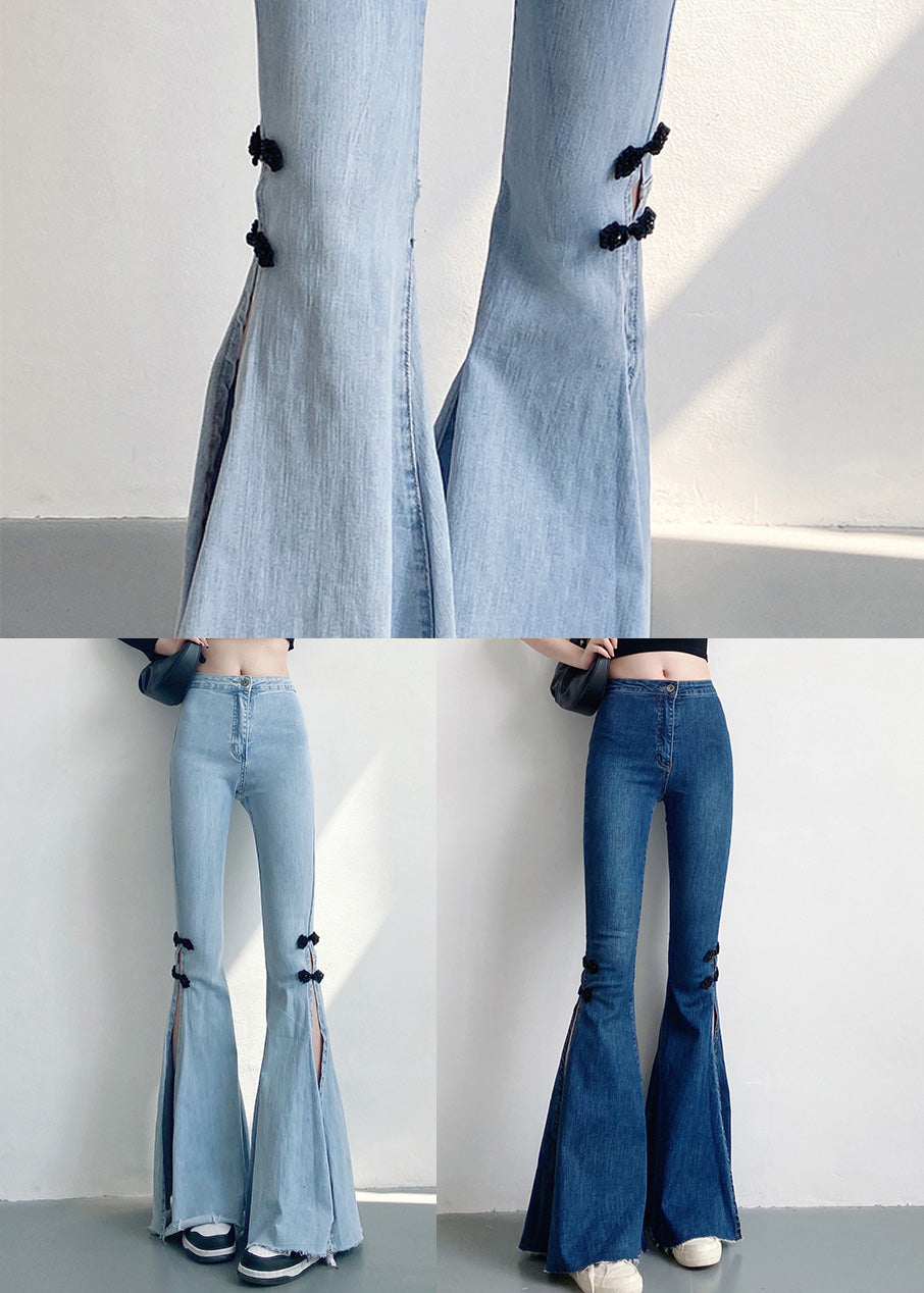DIY Light Blue Chinese Button Side Open Denim Flare Bottoms Spring YF019