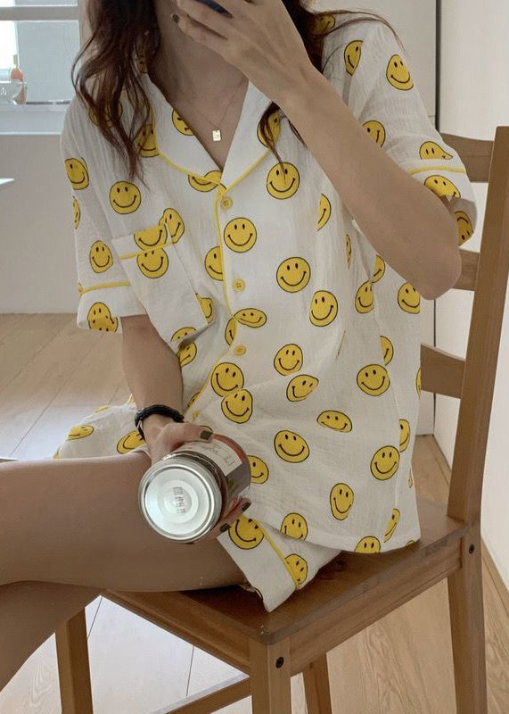 Sleeve Smile Sets Cotton DIY Short Pajama Print Oversized