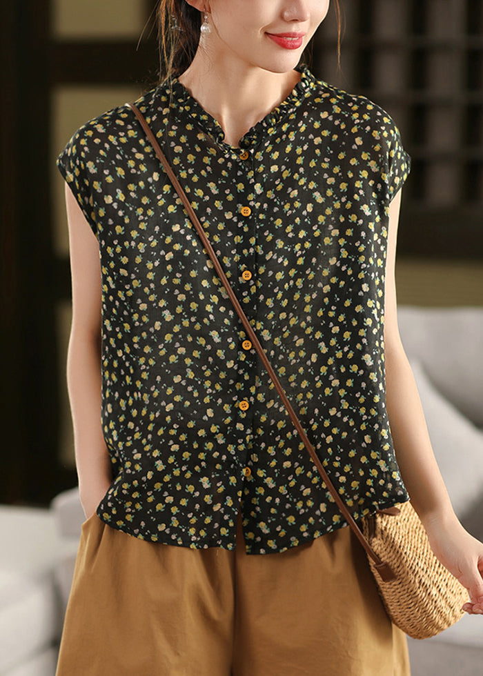 Sleeveless DIY Ruffled Print Linen Tops Pink