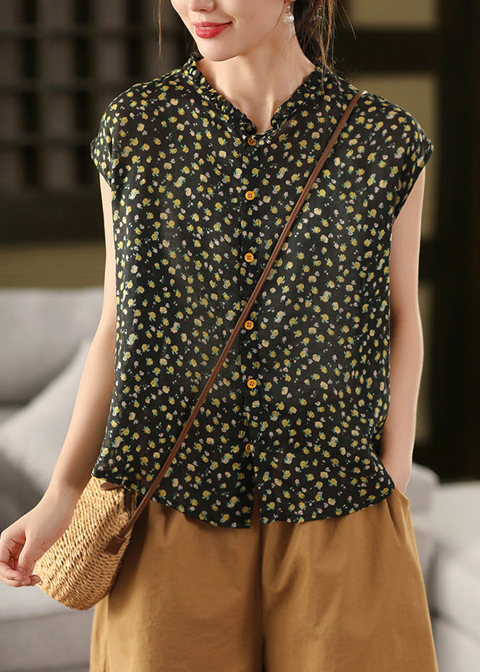 Sleeveless DIY Ruffled Print Linen Tops Pink