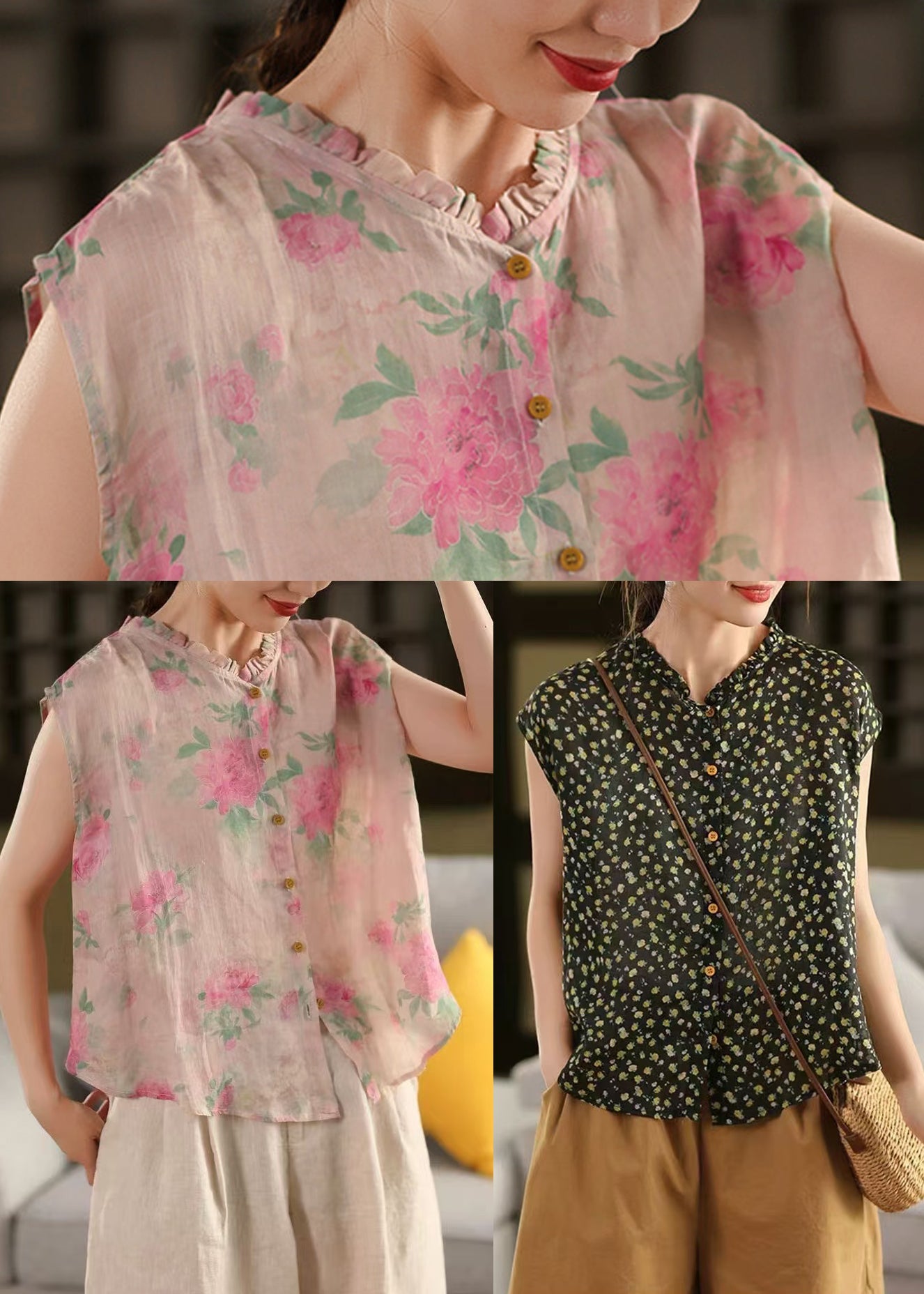 Sleeveless DIY Ruffled Print Linen Tops Pink