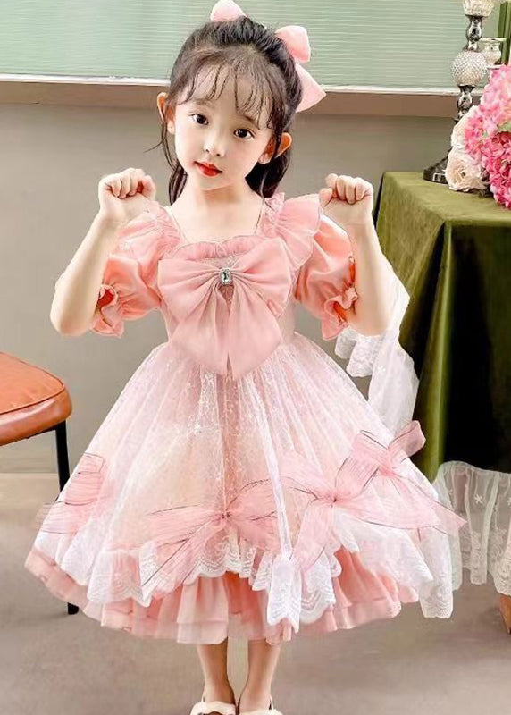 DIY Pink Square Collar Bow Patchwork Tulle Kids Vacation Long Dresses Summer XZ005