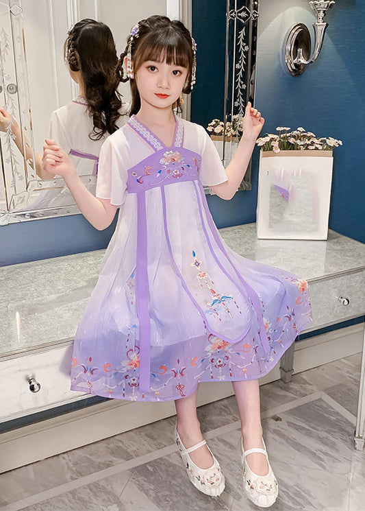 Robe longue d'été en tulle à pompons brodés violets pour filles GF010