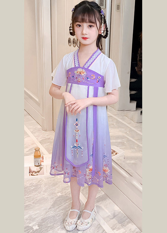 Robe longue d'été en tulle à pompons brodés violets pour filles GF010