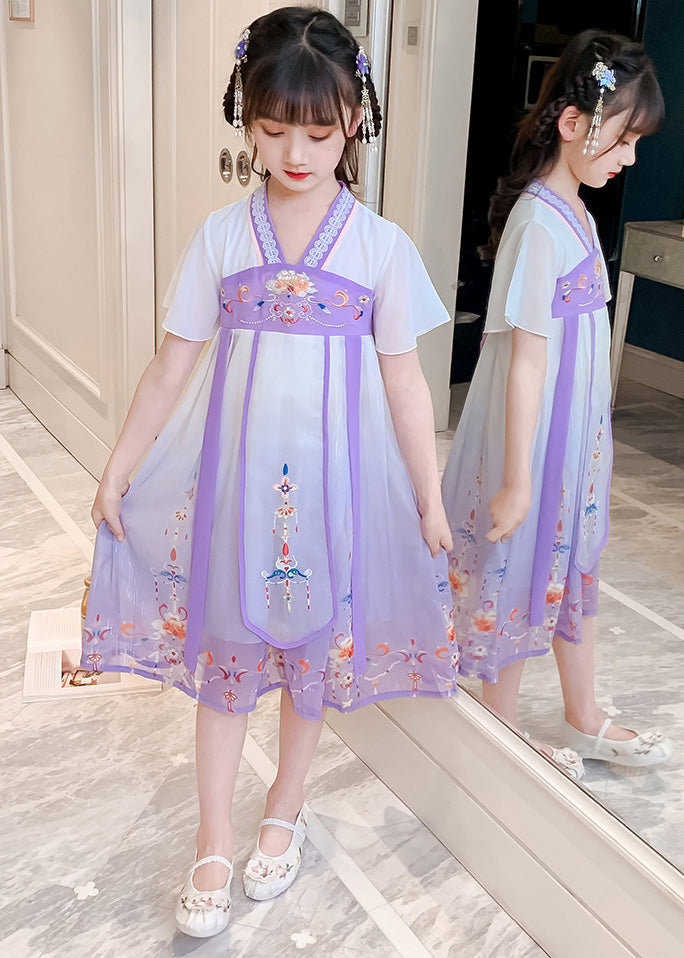 Robe longue d'été en tulle à pompons brodés violets pour filles GF010