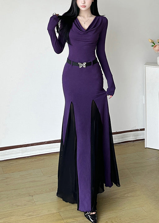 DIY Purple Turtle Neck Patchwork Cotton Party Dress Spring YP046