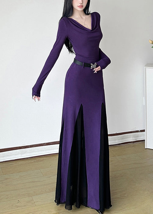 DIY Purple Turtle Neck Patchwork Cotton Party Dress Spring YP046