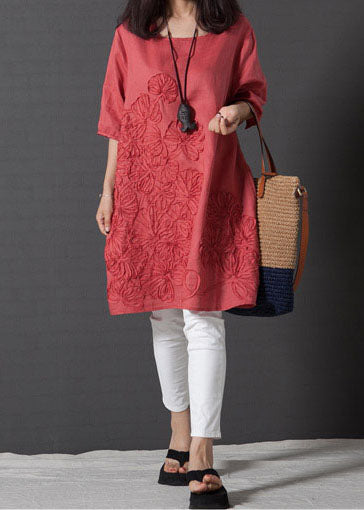 Dress Embroidered Linen DIY Day Sleeve Half Red
