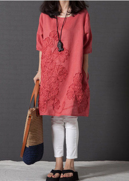 Dress Embroidered Linen DIY Day Sleeve Half Red