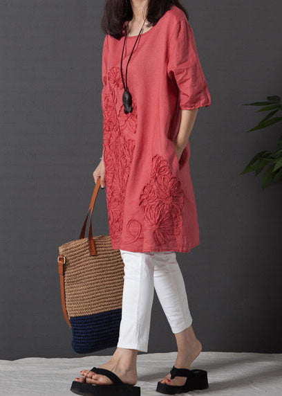 Dress Embroidered Linen DIY Day Sleeve Half Red