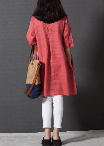 Sleeve Half Day DIY Red Dress Embroidered Linen