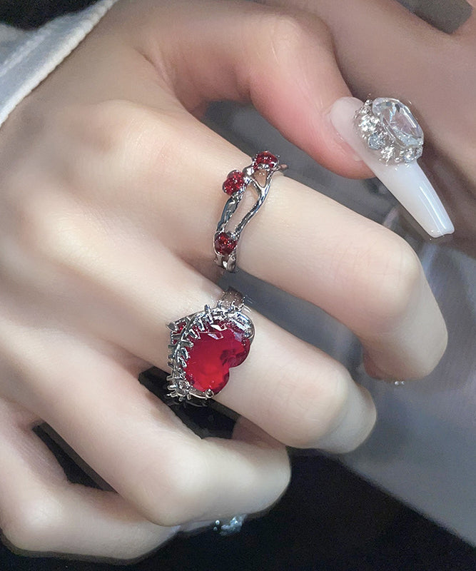 DIY Red Stainless Steel Zircon Rose And Love Rings Two piece Set GH1071