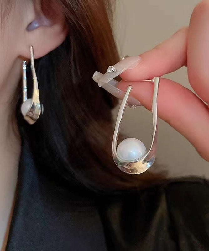 DIY Silk Alloy Pearl Asymmetrical U Shaped Hoop Earrings ZZ025