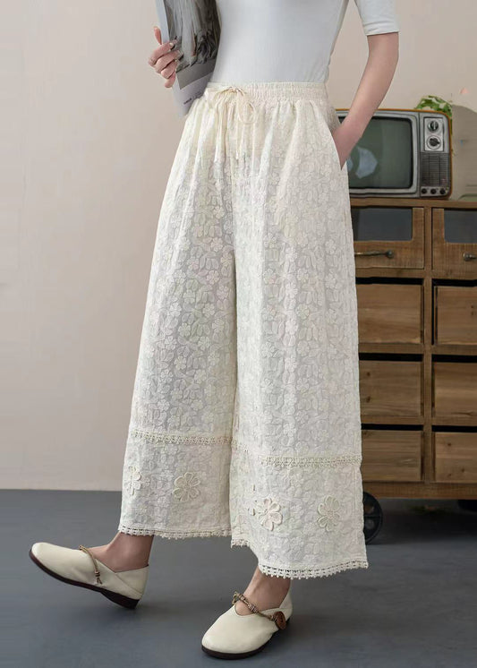 DIY Pants Cotton Floral Crop Embroidered White Trousers Summer