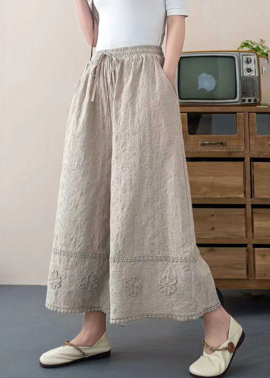 DIY Pants Cotton Floral Crop Embroidered White Trousers Summer