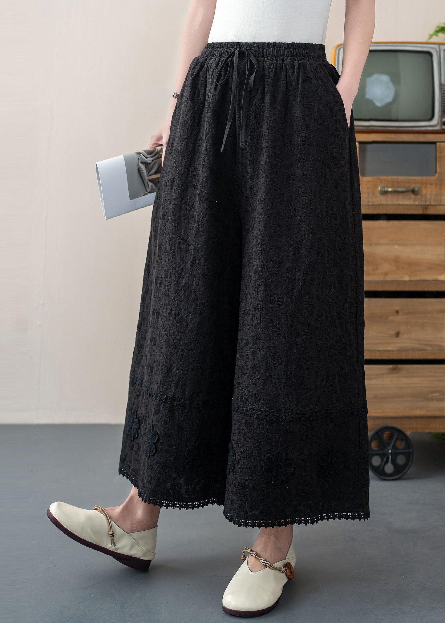 DIY Pants Cotton Floral Crop Embroidered White Trousers Summer