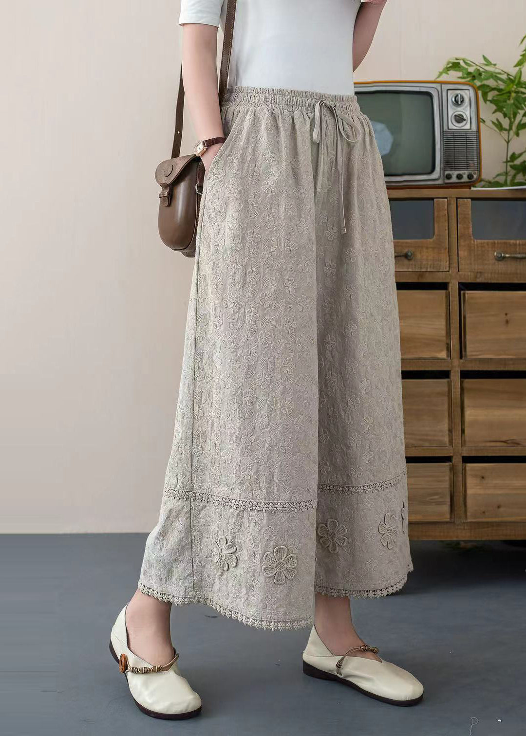 DIY Pants Cotton Floral Crop Embroidered White Trousers Summer