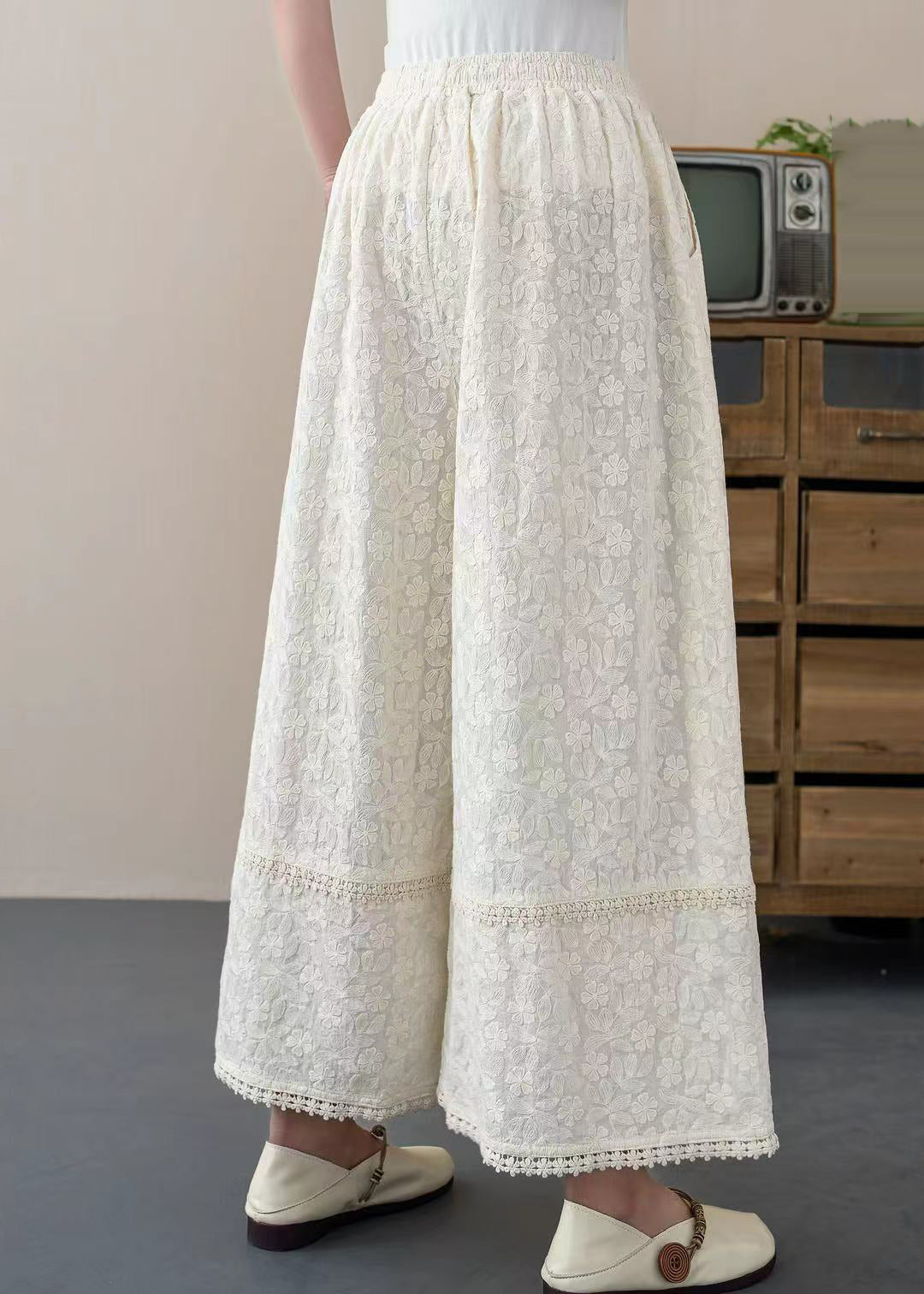 DIY Pants Cotton Floral Crop Embroidered White Trousers Summer