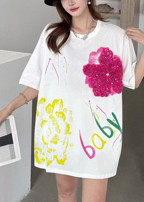 Cotton Decorated Tank White Oversized Tops Floral Summer DIY