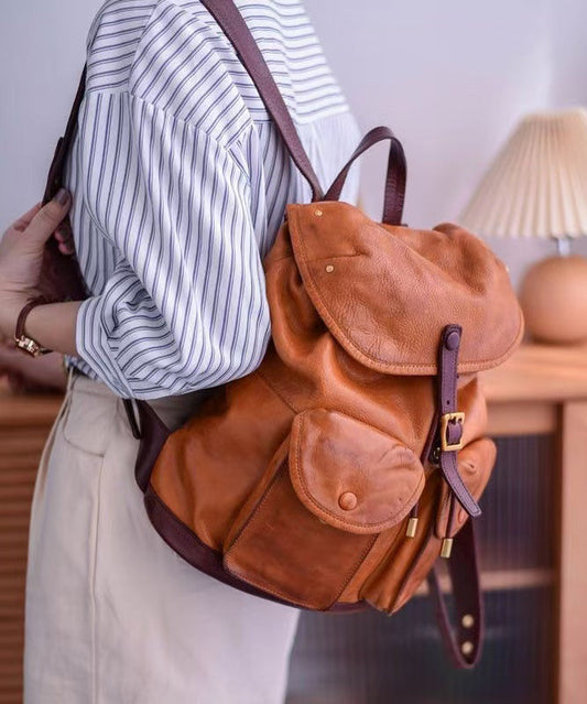 DIY Yellow Pockets Leather Large Backpack Capacity Bag