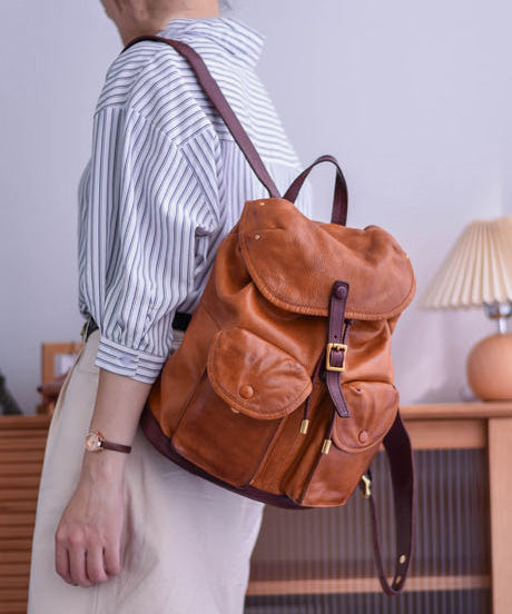 DIY Yellow Pockets Leather Large Backpack Capacity Bag