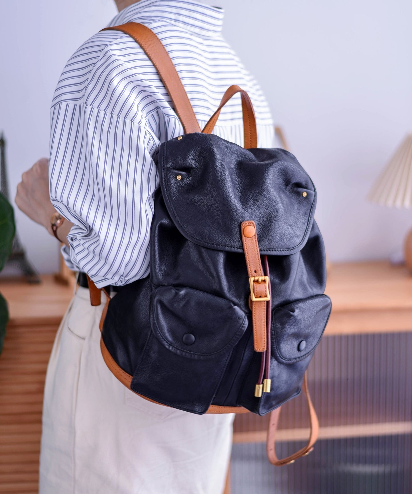 DIY Yellow Pockets Leather Large Backpack Capacity Bag