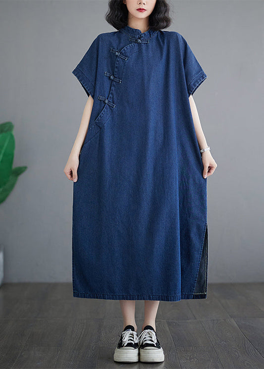 Denim Open Summer Dress Button Patchwork Dark Blue Side Long