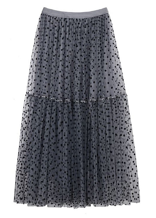 Dark Gray Dot Pleated Tulle Skirt High Waist Summer Ada Fashion