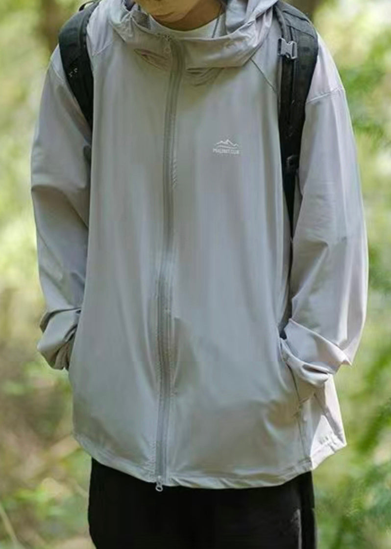 Zippered Solid Silk Men Ice Dark UPF Gray Hooded 50+ Coat