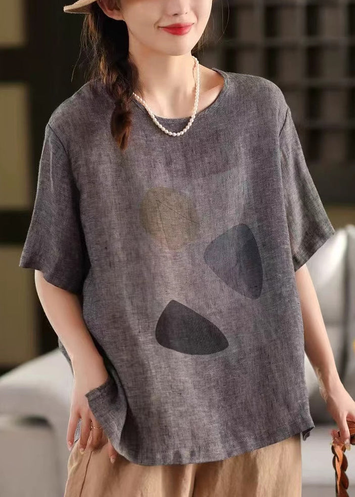 Print Pullover Linen O Shirt T Dark Neck Grey Summer