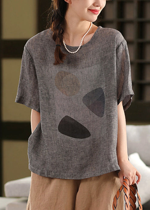 Print Pullover Linen O Shirt T Dark Neck Grey Summer
