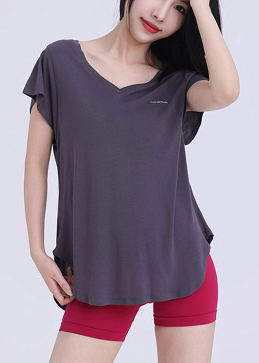 Wrap Dark V Top Neck Solid Grey Yoga