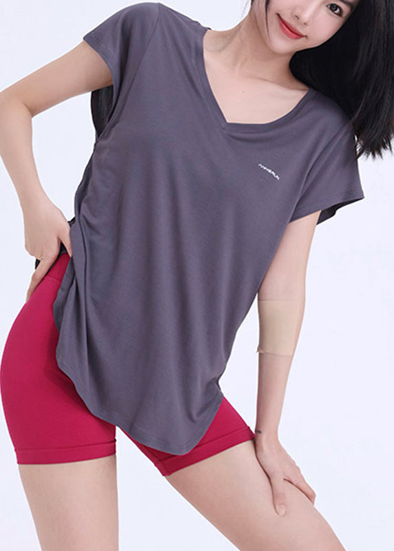 Wrap Dark V Top Neck Solid Grey Yoga