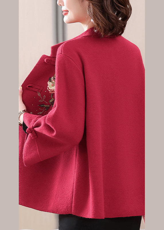 Dark Red Patchwork Button Woolen Coat Spring TA027