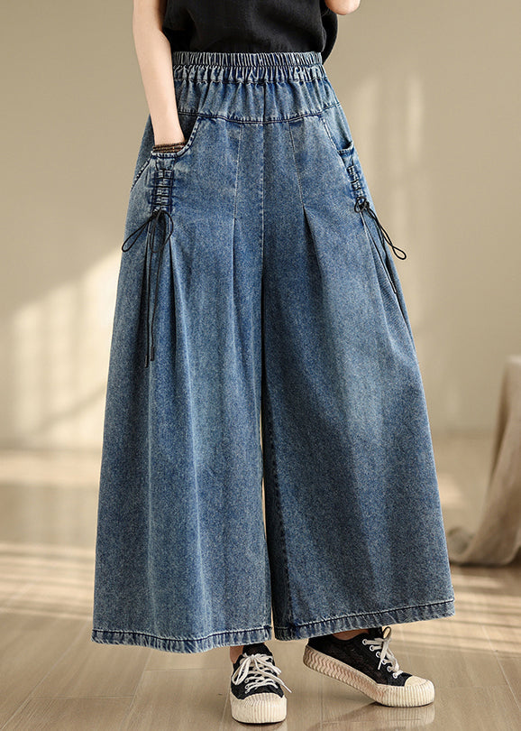 Blue Leg Strap Summer Wrinkled Wide Denim Cross Pants