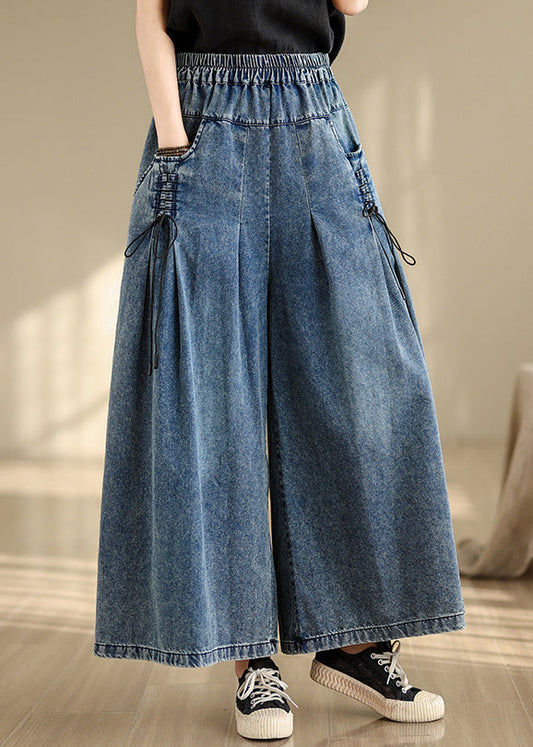 Blue Leg Strap Summer Wrinkled Wide Denim Cross Pants