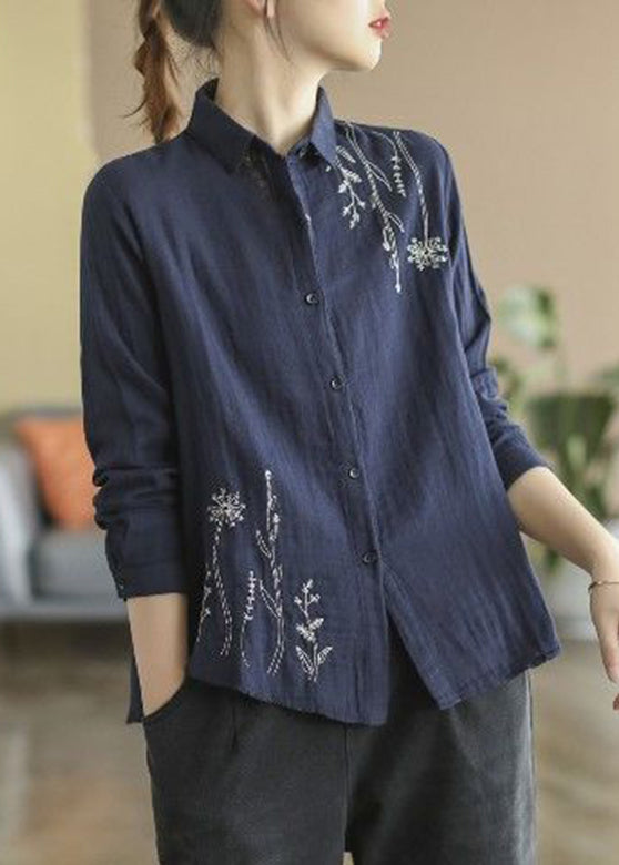 Cotton Fall Shirts Blue Button Embroidered Denim