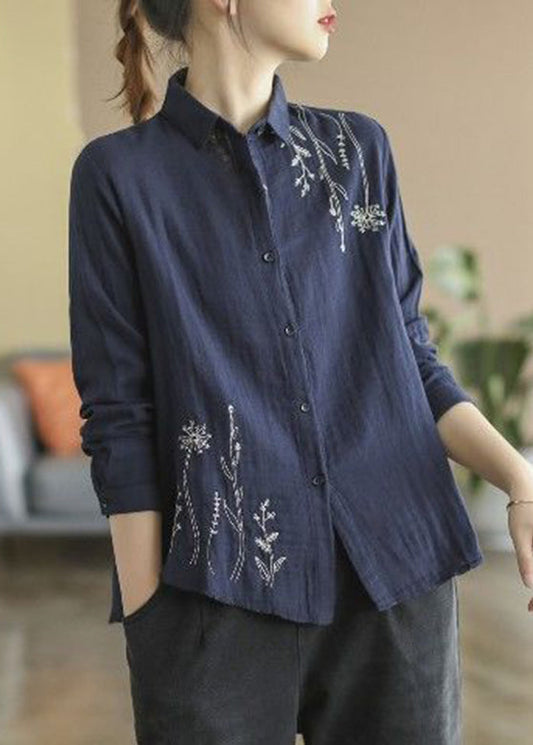 Cotton Fall Shirts Blue Button Embroidered Denim