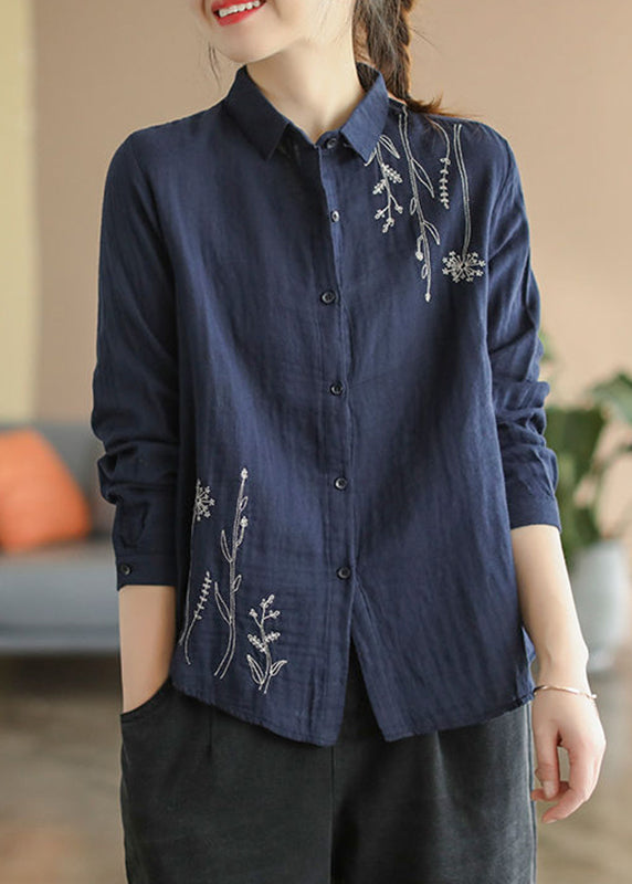 Cotton Fall Shirts Blue Button Embroidered Denim