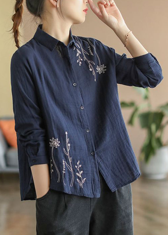 Cotton Fall Shirts Blue Button Embroidered Denim