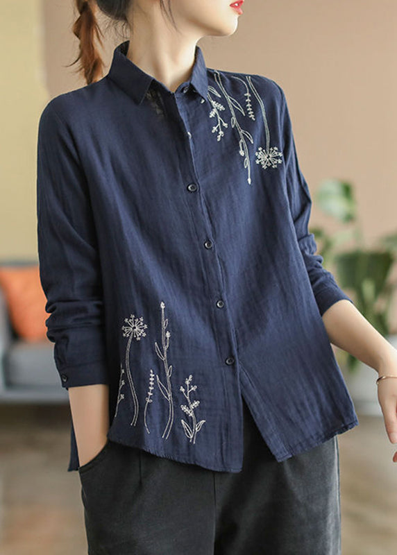 Cotton Fall Shirts Blue Button Embroidered Denim