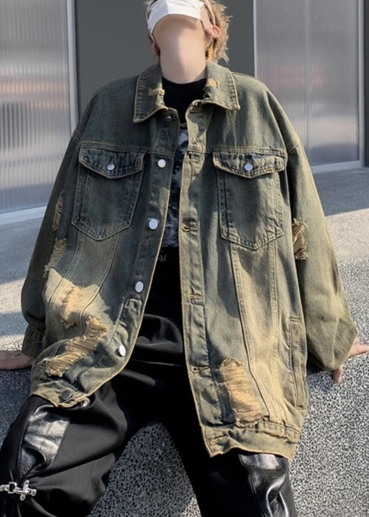 Collar Coat Pan Hole Men Blue Peter Patchwork Denim