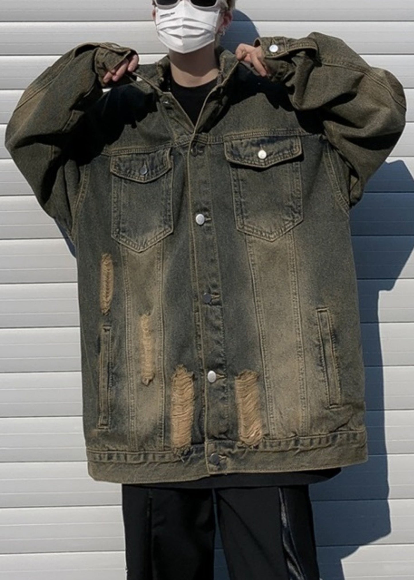 Collar Coat Pan Hole Men Blue Peter Patchwork Denim